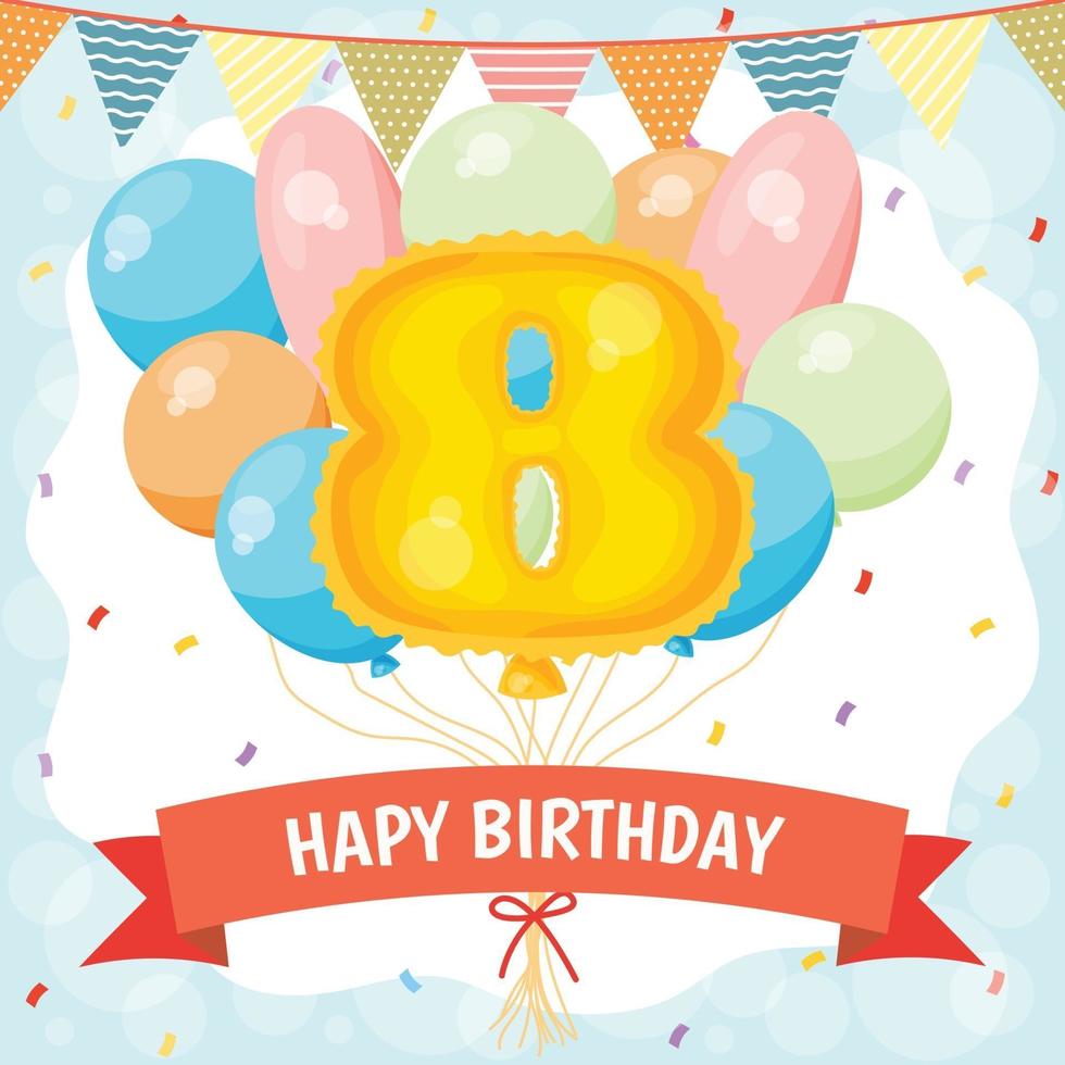 Grattis på födelsedagen firande kort med nummer 8 ballong vektor