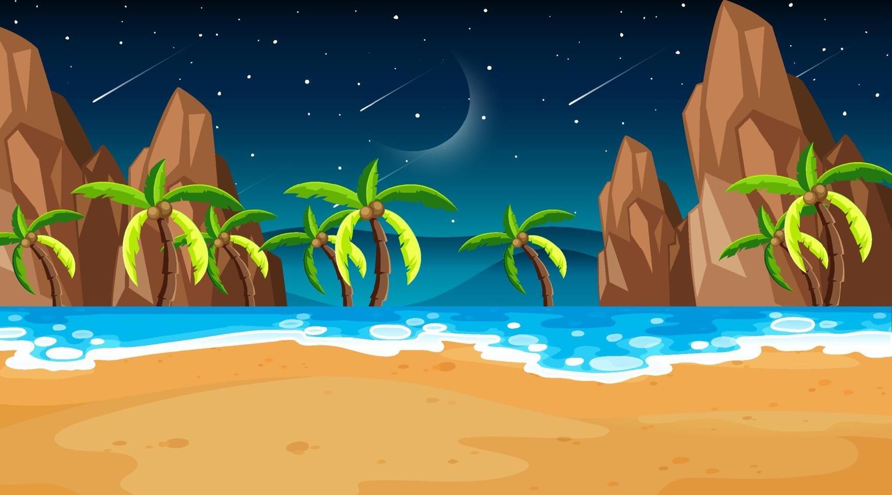 tropische Strandszene mit vielen Palmen in der Nacht vektor