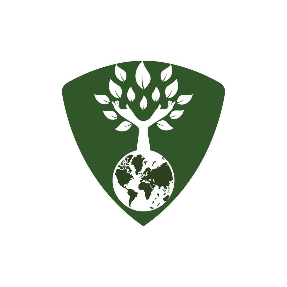 Globus und Hand Baum Vektor Logo Design. Natur und Erde Pflege Konzept.