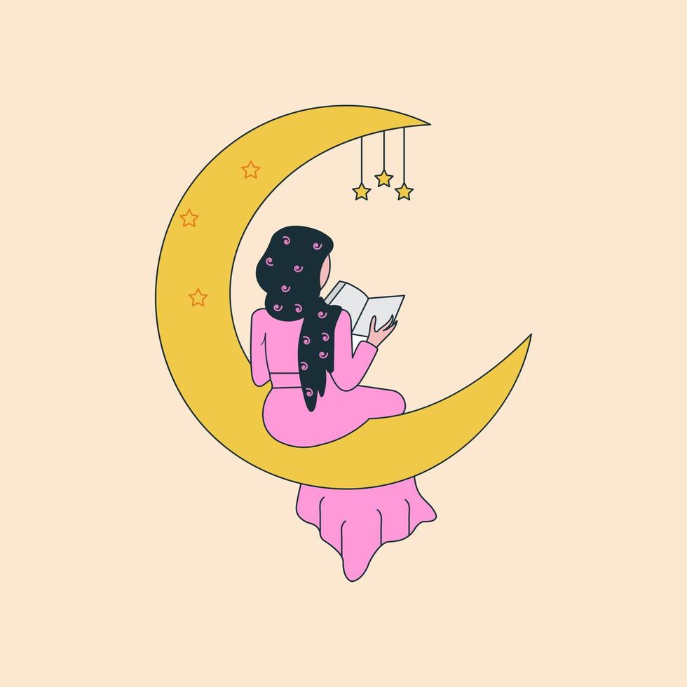 Illustration ein Frau lesen Buch auf Mond vektor