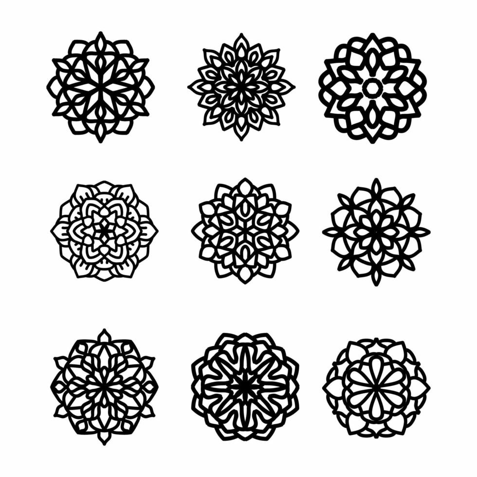 runda prydnad uppsättning med mandalas. cirkel geometrisk element tillverkad i vektor. perfekt uppsättning för Övrig typer av mönster, födelsedagar och Övrig högtider, kalejdoskop, medaljer, yoga, Indien, arabesk vektor