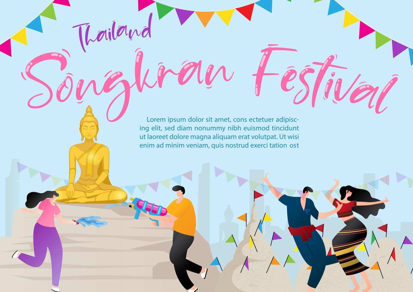 Thailand Songkran Festival Poster Illustration mit Beispiel Texte auf Blau Hintergrund. vektor
