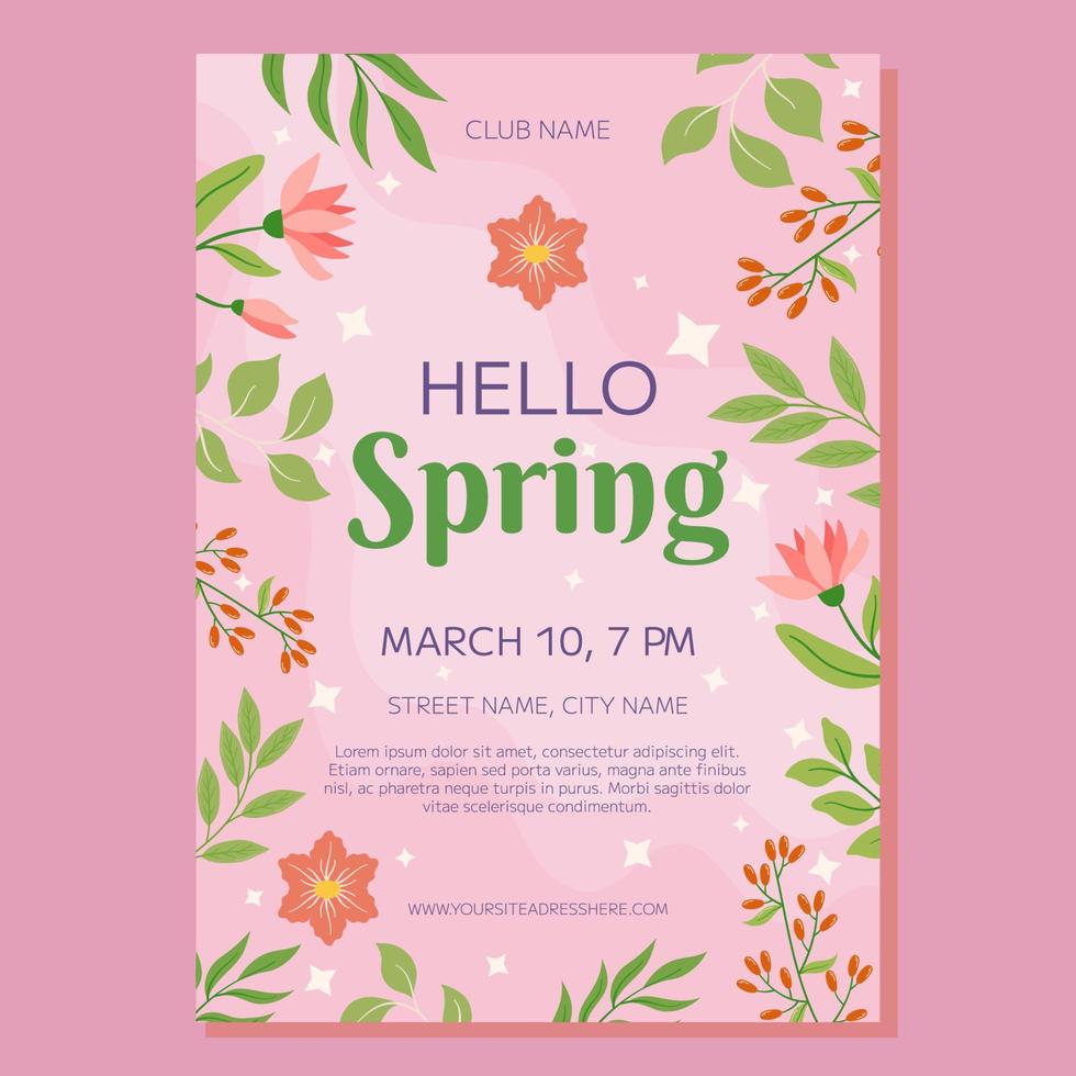 Party Poster Vorlage mit Rosa Blumen und Grün Blätter Rahmung ein Rosa Hintergrund mit Text Hallo Frühling. perfekt zum fördern Frühling Veranstaltungen, Feierlichkeiten, Fang das Auge vektor