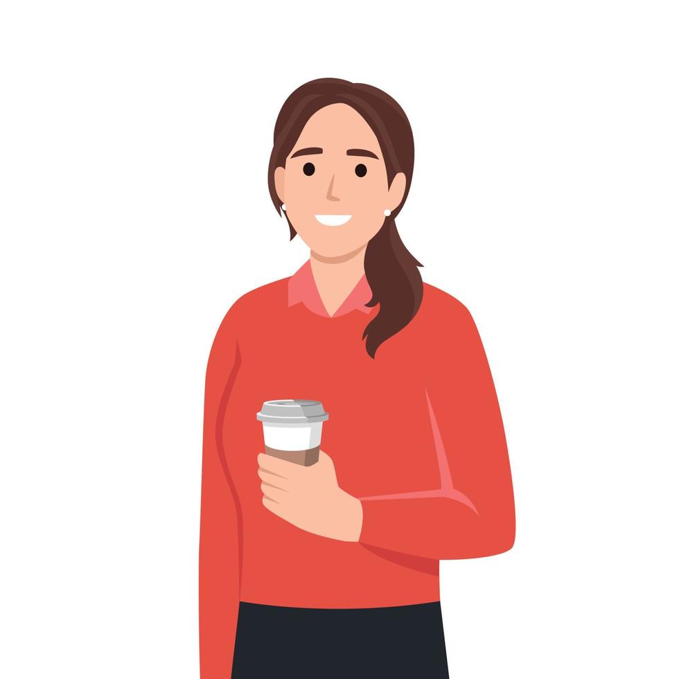 företag kvinna innehav kopp av kaffe. skön affärskvinna i formell kläder stående hetero. söt tecknad serie karaktär vektor