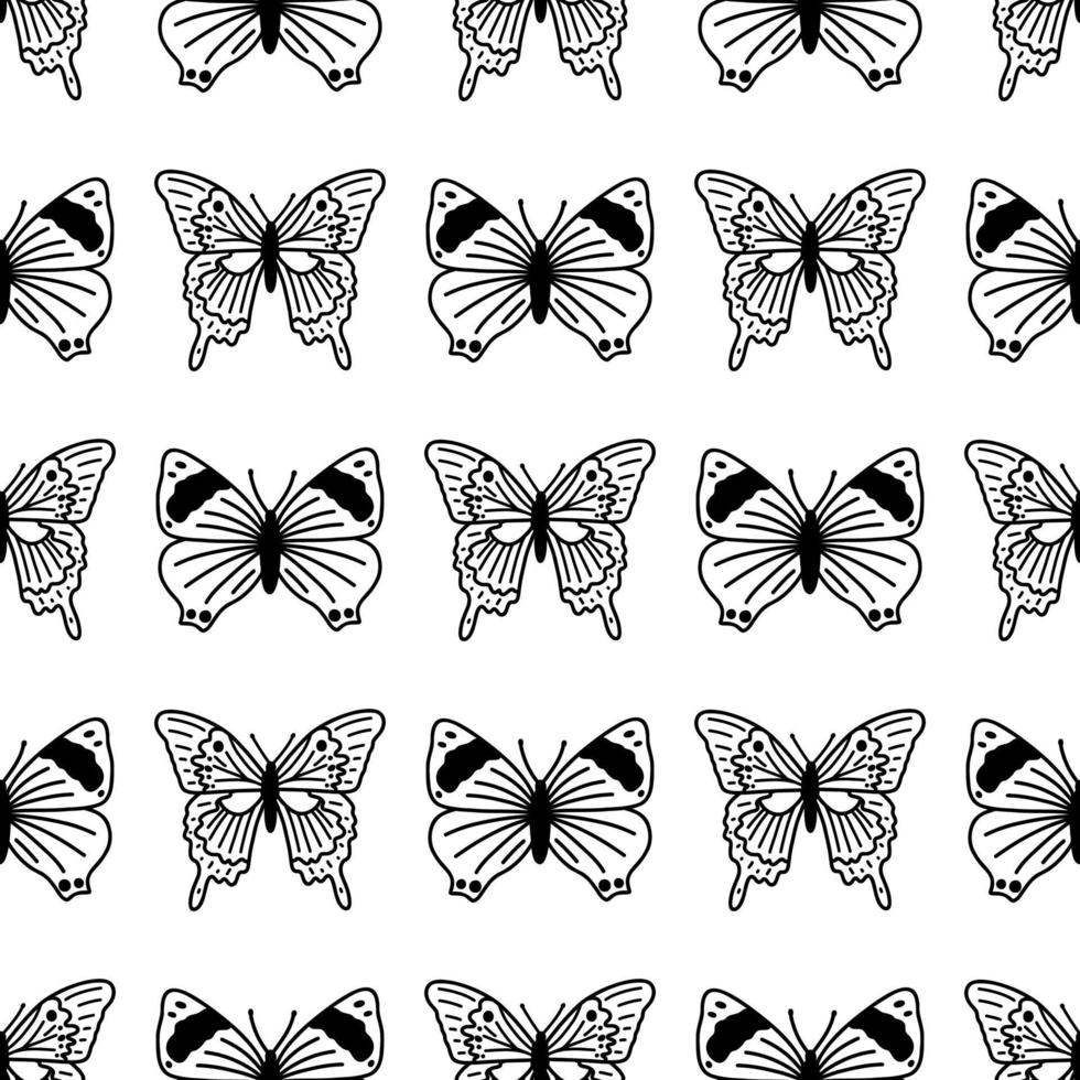 Nahtloses Muster mit Doodle-Schmetterlingen. handgezeichneter Vektorhintergrund mit Insekten, Linienillustration, entomologische Sammlung vektor