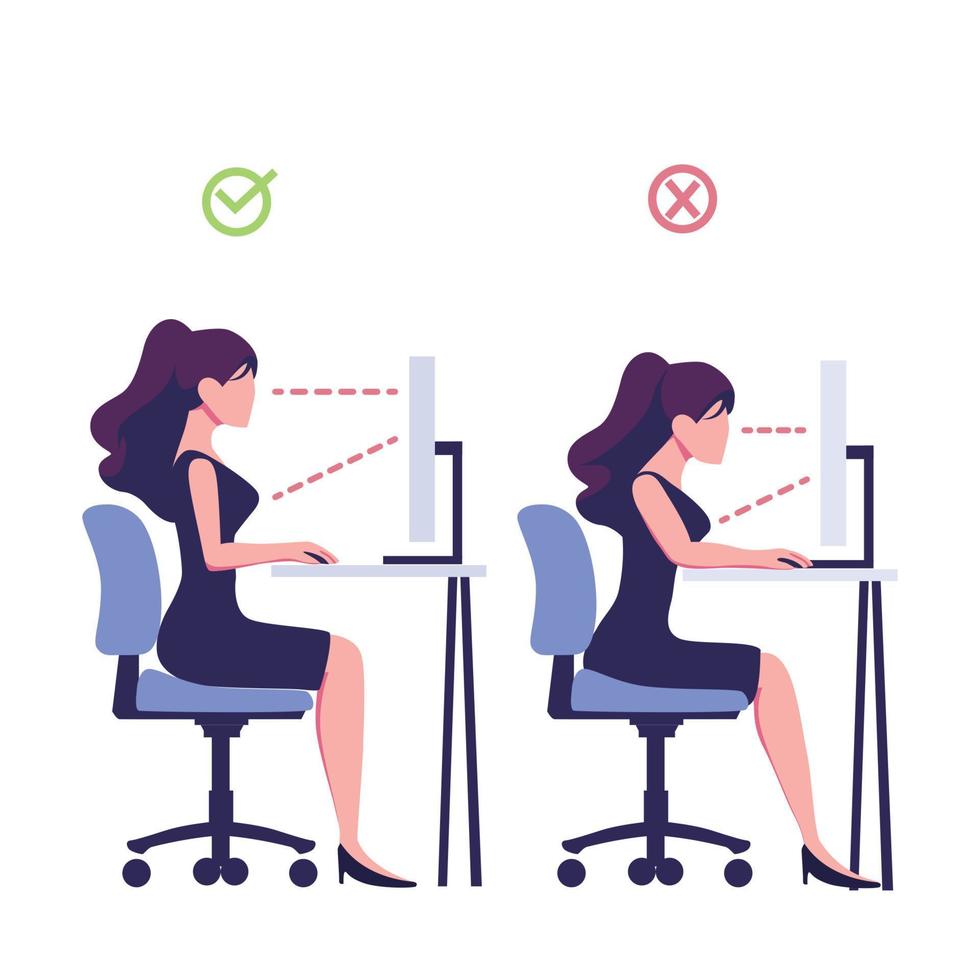 richtig gut Position vs. Schlecht falsch Haltung zum Sitzung beim Computer Schreibtisch eben Stil Illustration vektor