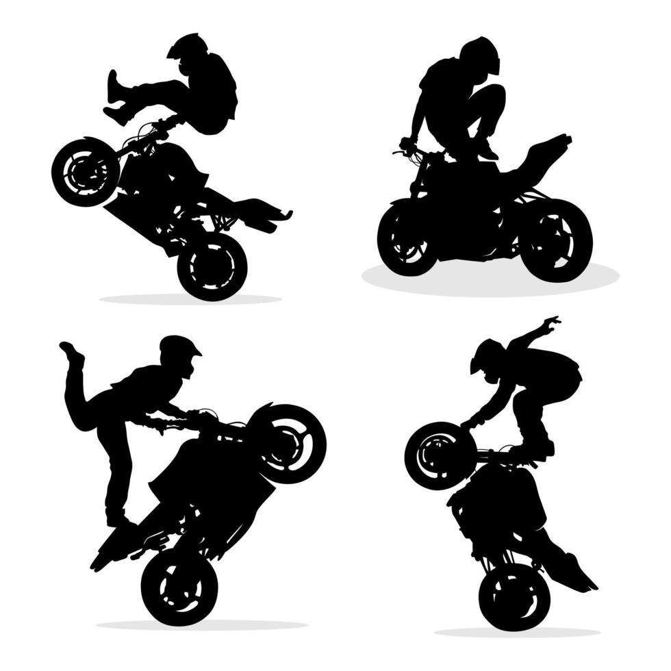 Silhouette von ein Biker tun Freistil Tricks auf seine Motorrad. Vektor Silhouette einstellen