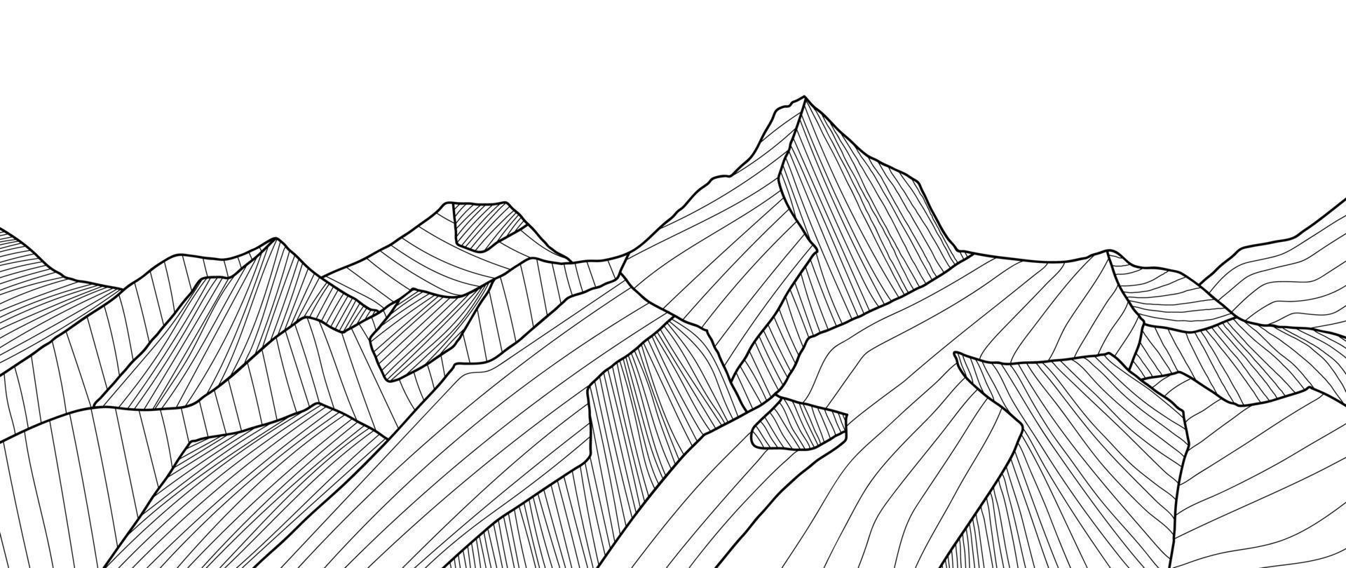 svart och vit berg linje konst tapet. kontur teckning lyx naturskön landskap bakgrund design illustration för omslag, inbjudan bakgrund, förpackning design, tyg, baner och skriva ut. vektor