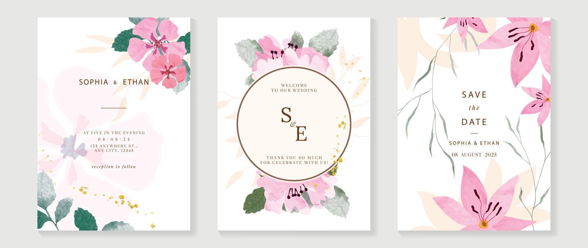 Luxus Hochzeit Einladung Karte Hintergrund Vektor. Aquarell botanisch Blumen, geometrisch Kreis Rahmen und Gold Tinte Spritzer Textur. Design Illustration zum Hochzeit und vip Startseite Vorlage, Banner. vektor