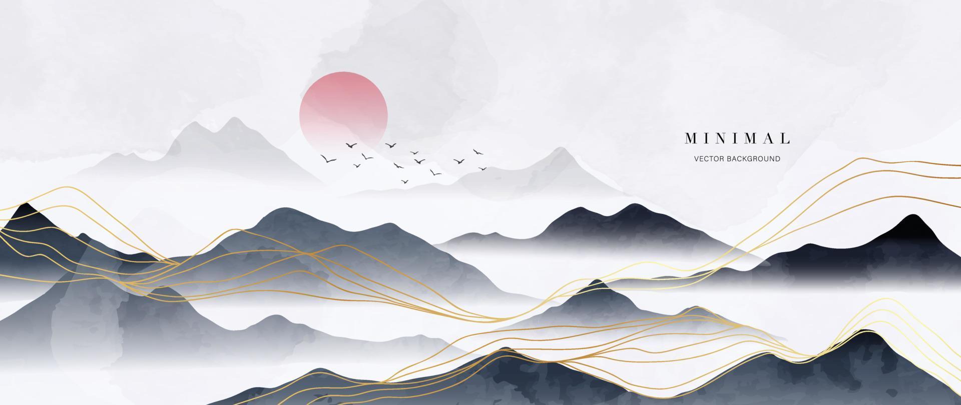 Luxus Berg Hintergrund mit nebelig Himmel szenisch Landschaft. Aquarell und Gold Linie Kunst Textur Hügel Hintergrund Vektor. Design Illustration zum Abdeckung, Einladung, Verpackung, Stoff, Poster, drucken. vektor