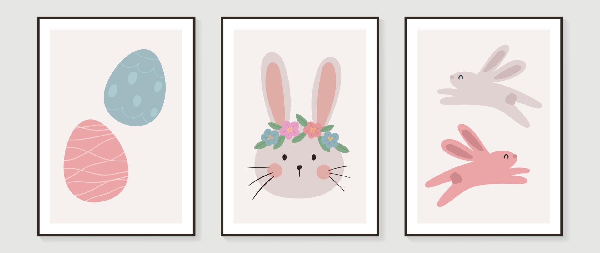 söt komisk påsk vägg konst vektor uppsättning. samling av förtjusande hand dragen kanin, påsk ägg, blommor. design illustration för barnkammare vägg konst i klotter stil, bebis, barn affisch, kort, inbjudan.