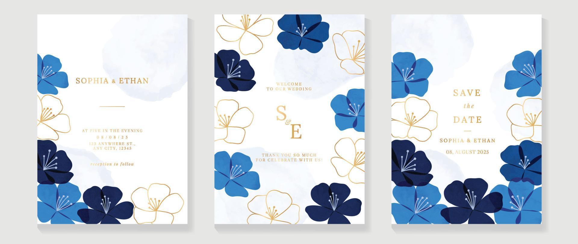 lyx bröllop inbjudan kort bakgrund vektor. vattenfärg botanisk blomma form i blå Färg tema med guld linje konst textur. design illustration för bröllop och vip omslag mall, baner. vektor