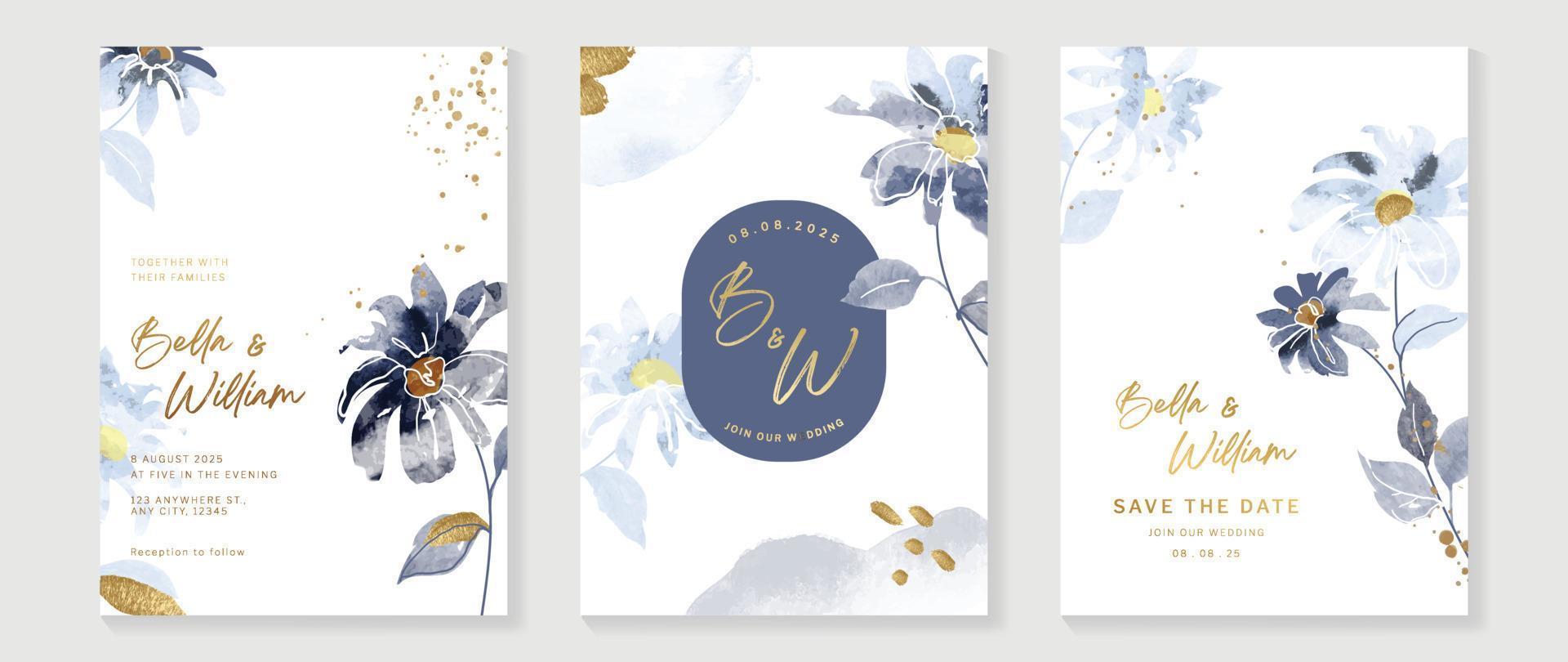 lyx bröllop inbjudan kort bakgrund vektor. hand dragen blommor med blå tema vattenfärg, guld bläck borsta måla stänka ner textur. design illustration för bröllop och vip omslag mall, baner. vektor