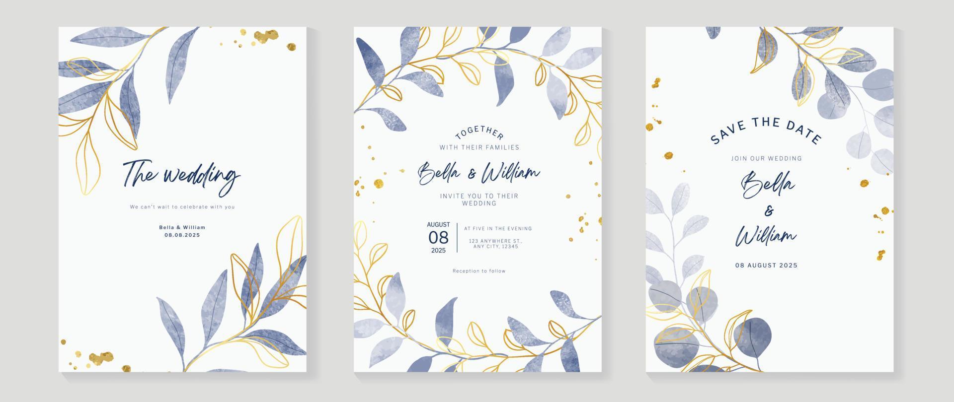 Luxus Hochzeit Einladung Karte Hintergrund Vektor. Hand gezeichnet Blatt Ast im Blau Aquarell und Gold Linie Kunst, Tinte Spritzer Textur. Design Illustration zum Hochzeit und vip Startseite Vorlage, Banner. vektor