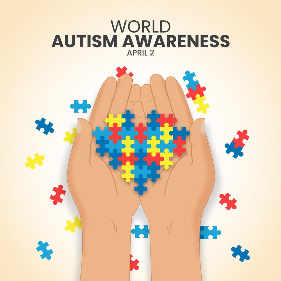Platz Welt Autismus Bewusstsein Tag Hintergrund mit Hände halten ein Liebe gestalten Puzzle vektor