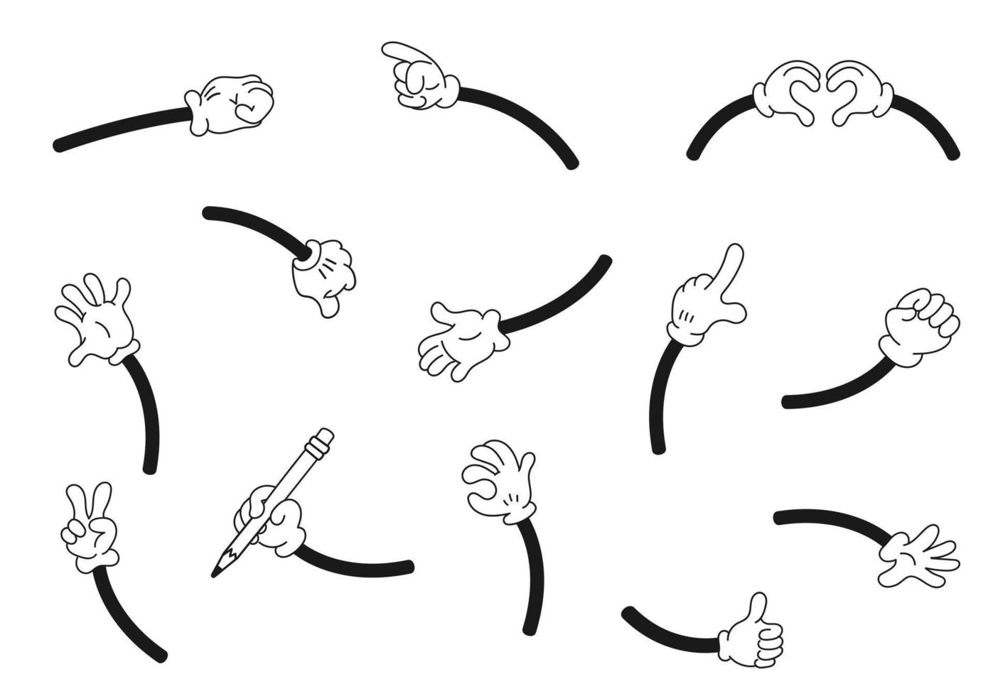 Karikatur retro hände.comic Gesten im Weiß Handschuhe. Daumen oben und Herz gestalten unterzeichnen. vektor