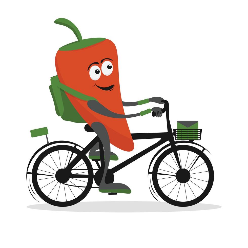 leverans service sammansättning med söt röd chili peppar kurir cyklist tecknad serie karaktär. chili peppar kurir på cykel eller skoter. platt vektor illustration