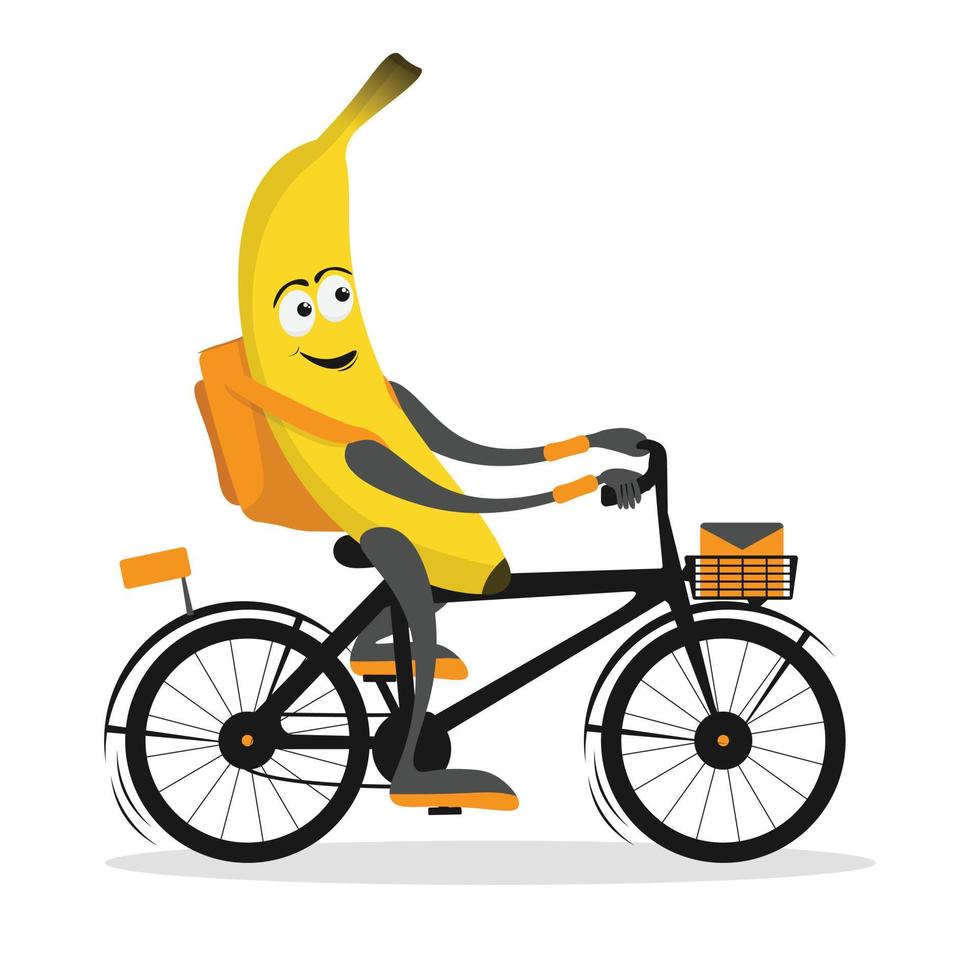 leverans service sammansättning med söt banan kurir cyklist tecknad serie karaktär. banan kurir på cykel eller skoter. platt vektor illustration