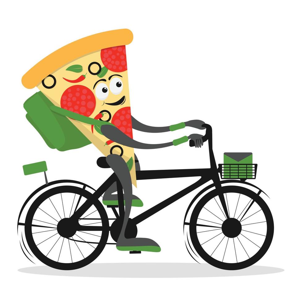 Lieferung Bedienung Komposition mit süß Pizza Kurier Biker Karikatur Charakter. Pizza Kurier auf Fahrrad oder Roller. eben Vektor Illustration