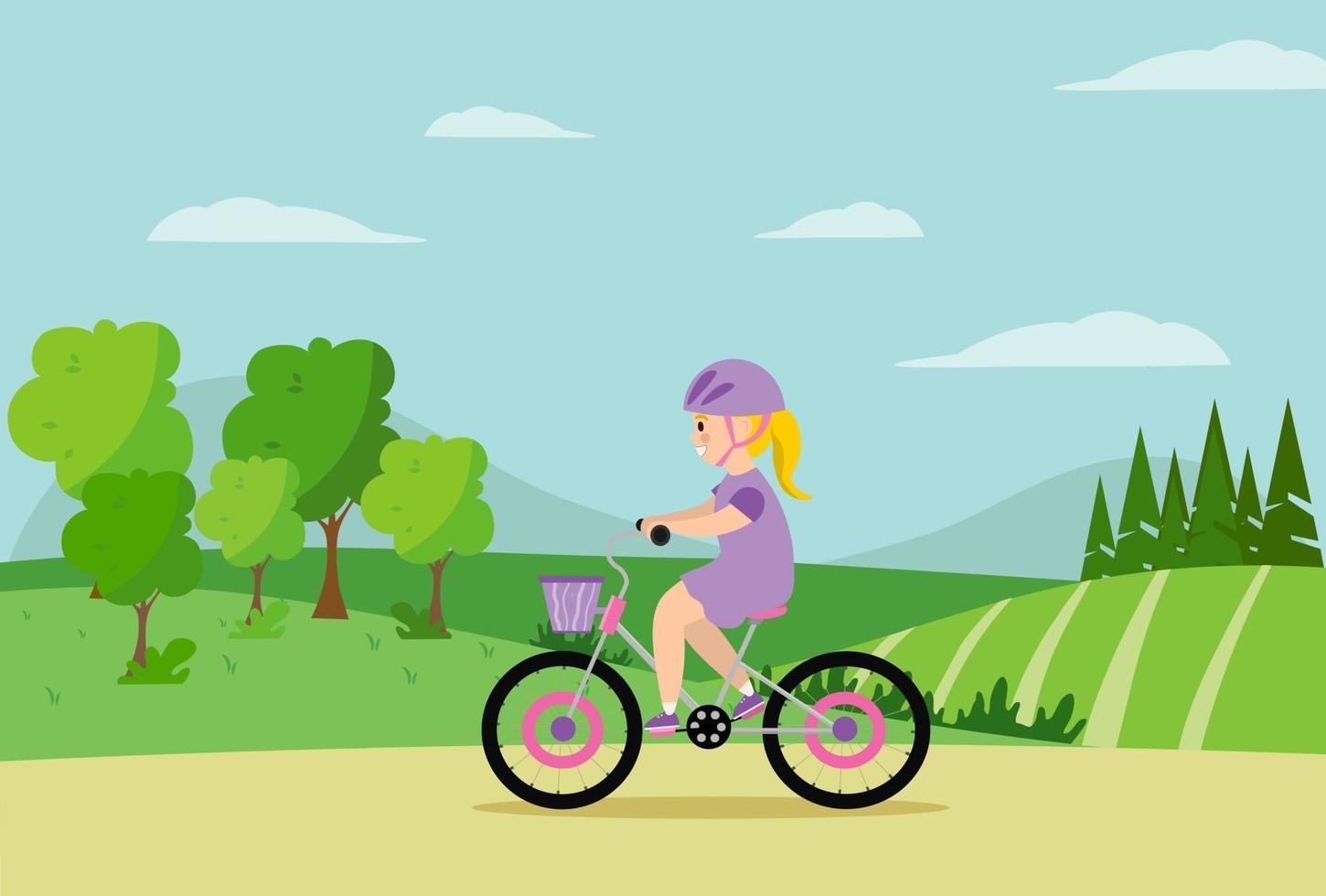 ein Mädchen in einem Helm, der im Park auf dem Hintergrund eines Feldes, der Bäume, der Berge reitet vektor