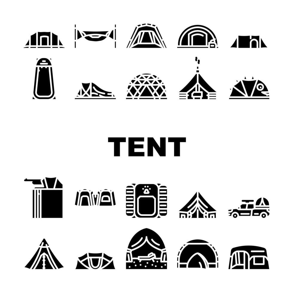 tält Utrustning turism ikoner uppsättning vektor