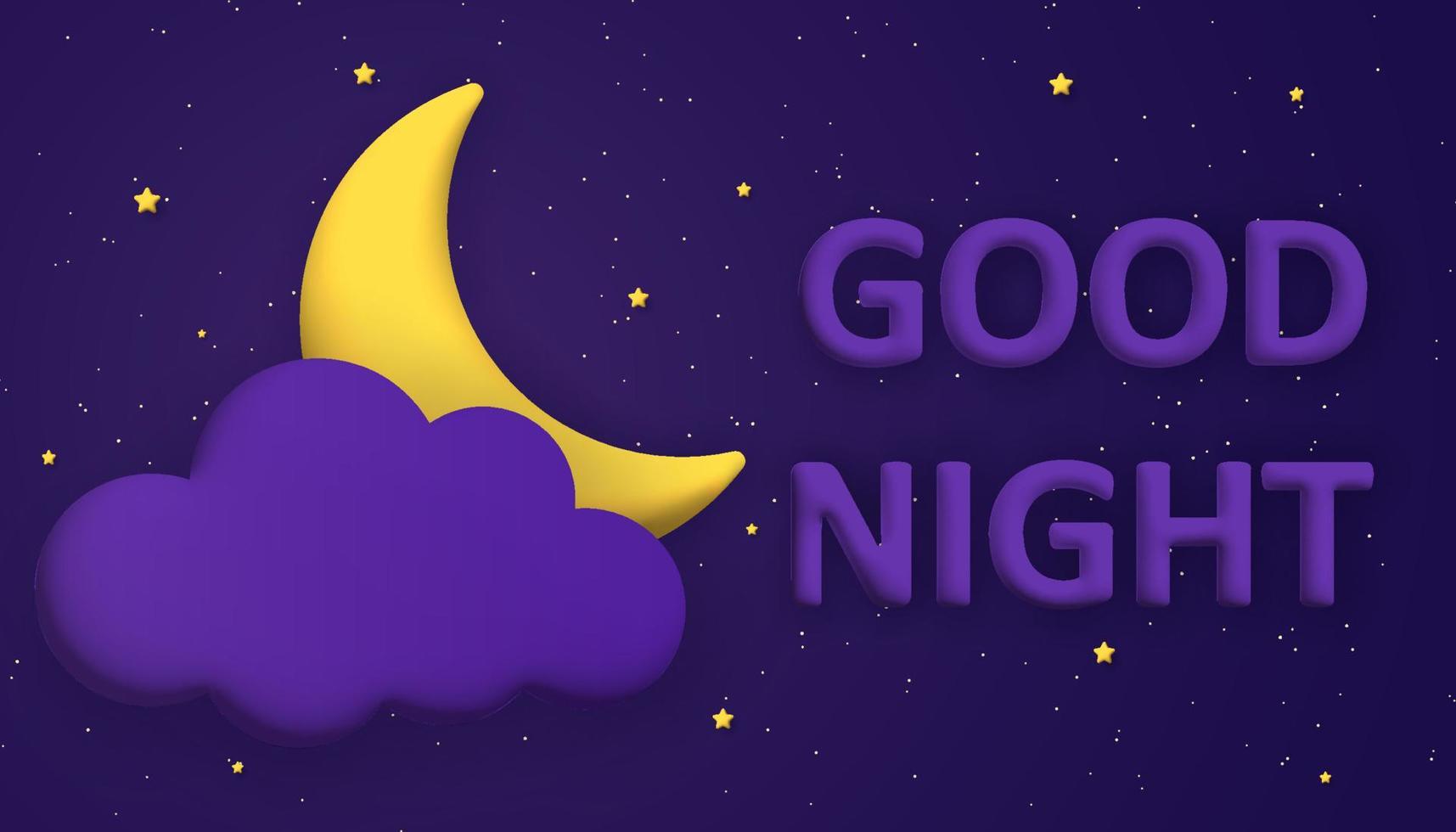 stilvoll gut Nacht Hintergrund mit 3d Text, Mond, Wolke und Sterne. vektor