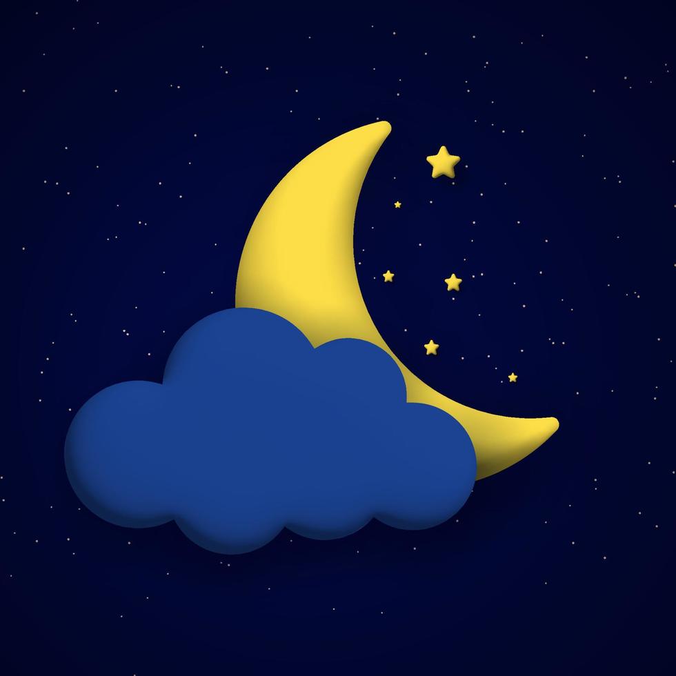 süß Nacht Himmel Hintergrund mit 3d Wolke, Mond und Sterne. Platz Komposition. vektor