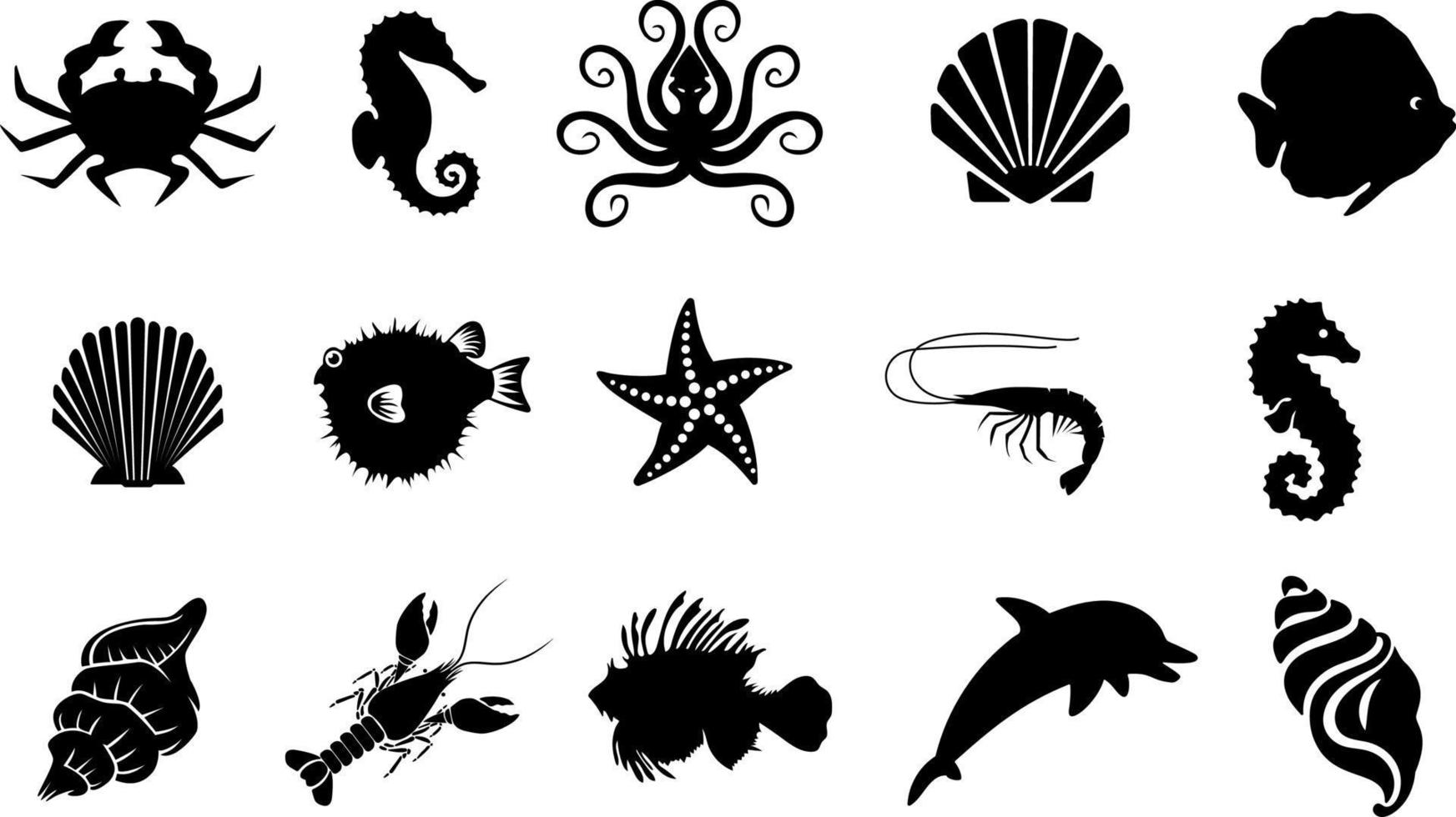 Marine Leben. Meer Leben Tiere. Wasser- Tier Silhouette Vektor Illustration isoliert auf Weiß