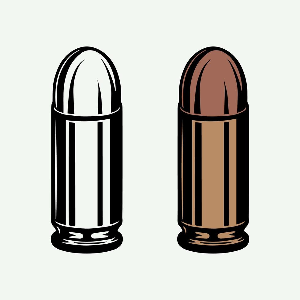 uppsättning av retro årgång kulor i svartvit och Färg läge. 9mm ammunition för pistol pistol. linje träsnitt stil. svartvit grafisk konst. vektor
