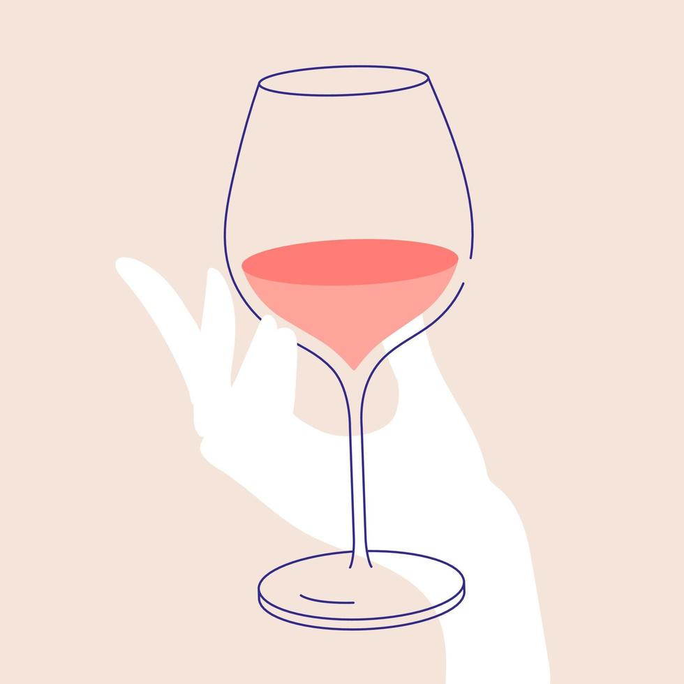 Frau s Hand halten Glas von rot Wein. eben Illustration zum Gruß Karten, Postkarten, Einladungen, Speisekarte Design. Linie Kunst Vorlage vektor