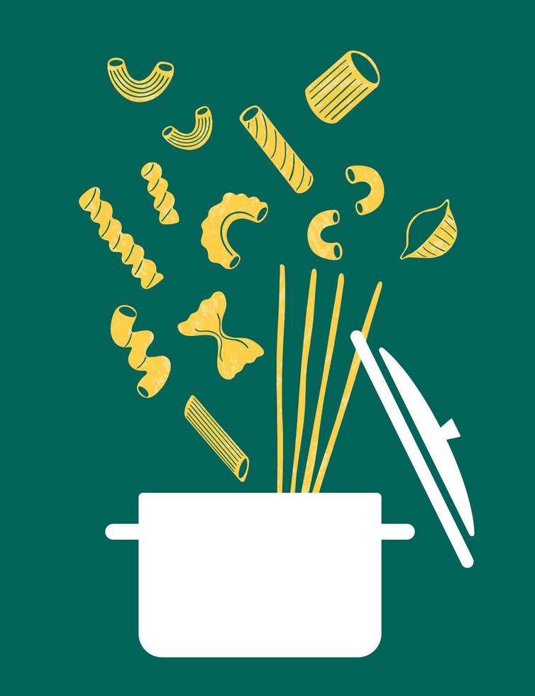 italiensk pasta i de pott platt illustration. pasta affisch illustration. modern skriva ut för meny design, kokböcker, inbjudningar, hälsning kort. vektor