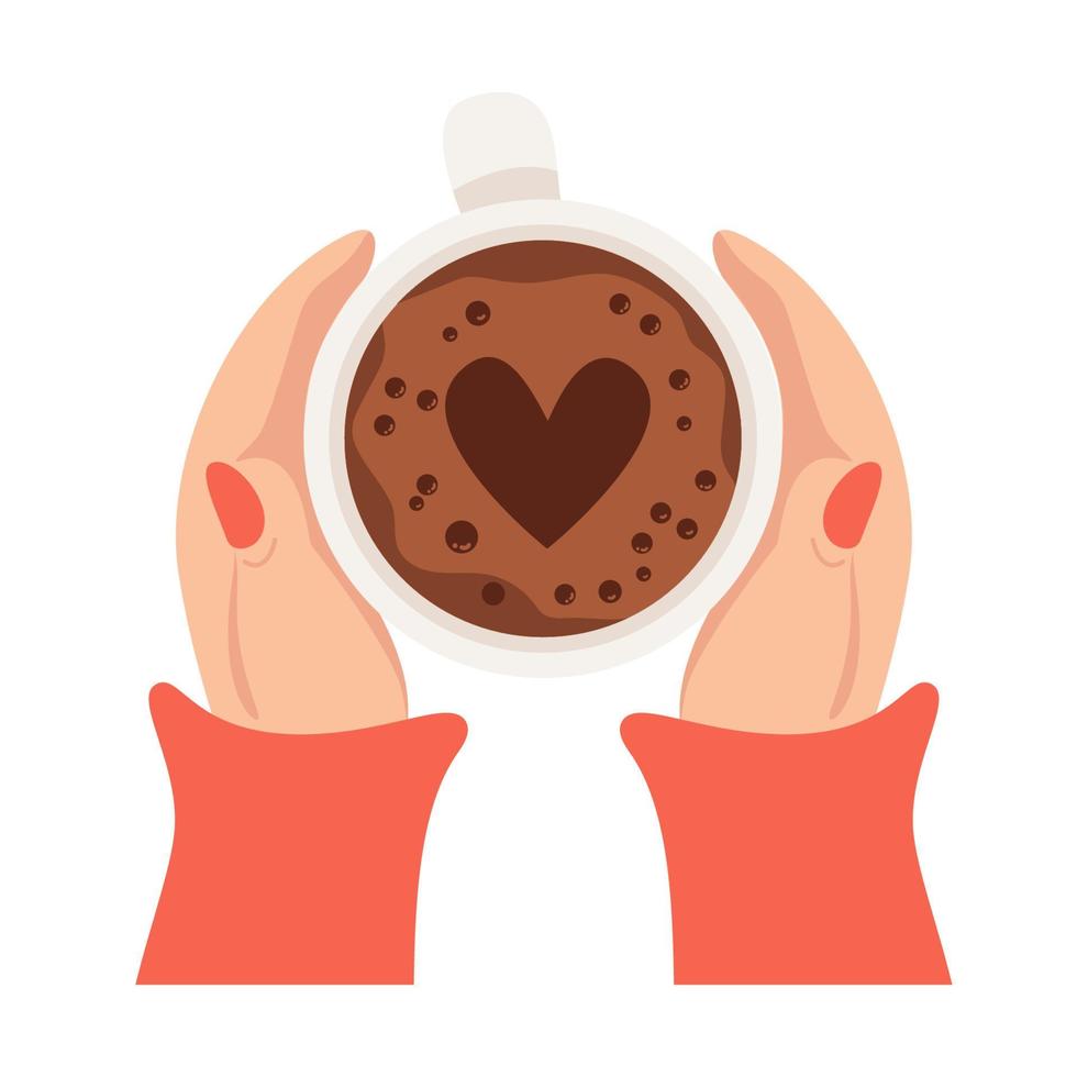 kvinna händer kramas varm kaffe mugg. topp se. varm kaffe med hjärta. vektor illustration. hand dragen i platt stil. tillämplig för kaffe hus annons design, vykort, dekor.