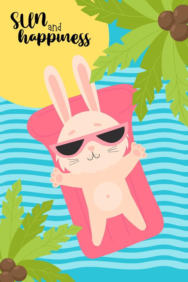 Sommer- tropisch Poster mit süß Hase im Sonnenbrille auf wasserdicht Gummi Matratze im Meer unter Palme Bäume. Vektor Illustration. Sommer- Hase zum Design, drucken, Karten, Flyer, Dekor