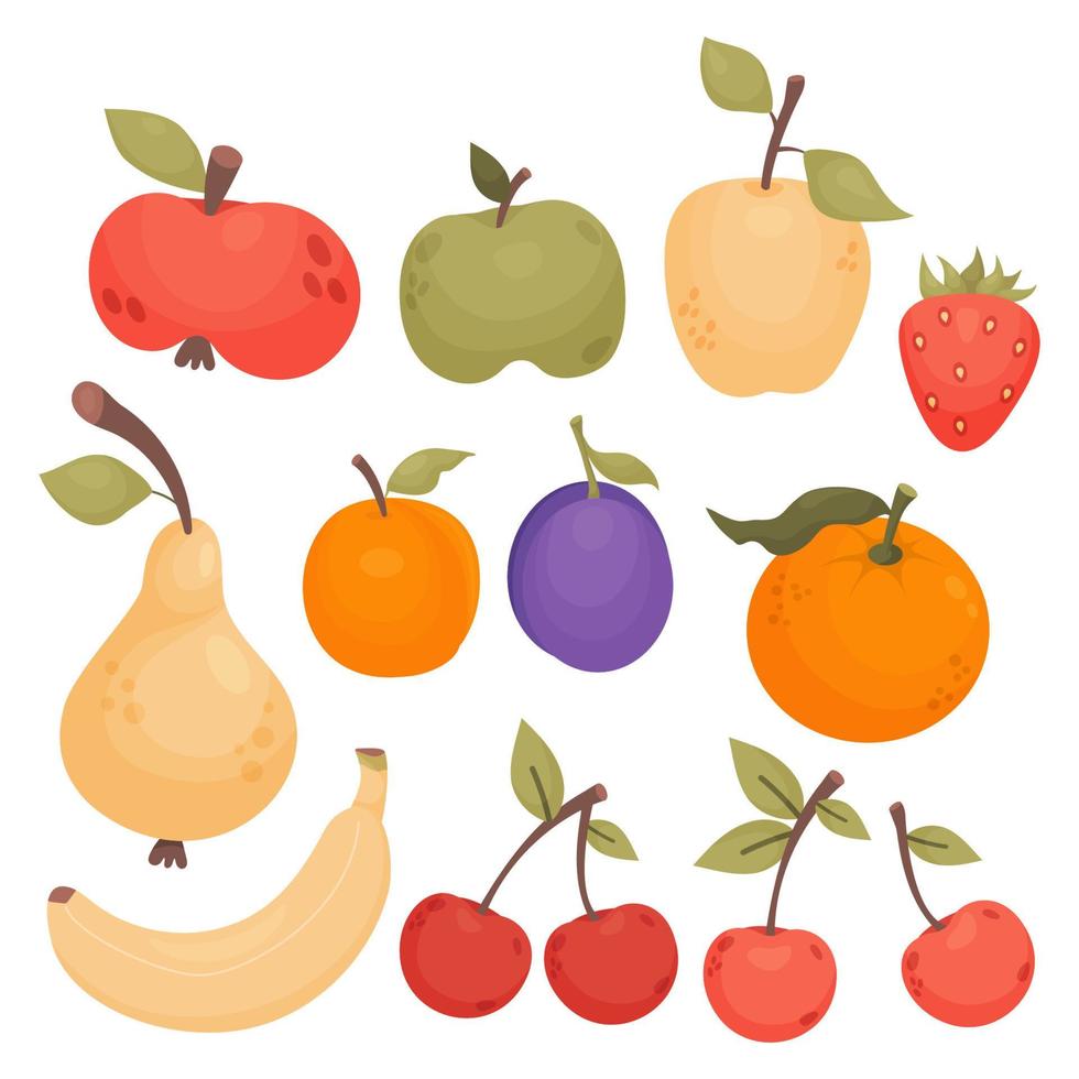Sammlung Früchte und Beeren. Äpfel, Birne, Erdbeere, Banane, Pflaume, Aprikose, Kirsche und Mandarine. Vektor Illustration. isoliert natürlich Früchte im eben Stil