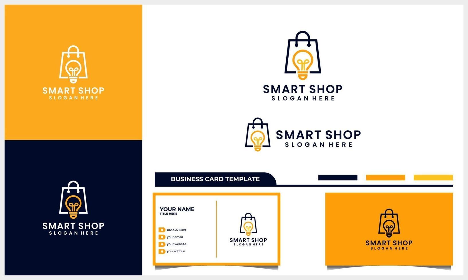 Einkaufstasche mit intelligentem Glühbirnen-Symbol-Logo-Designkonzept und Visitenkartenschablonensatz vektor