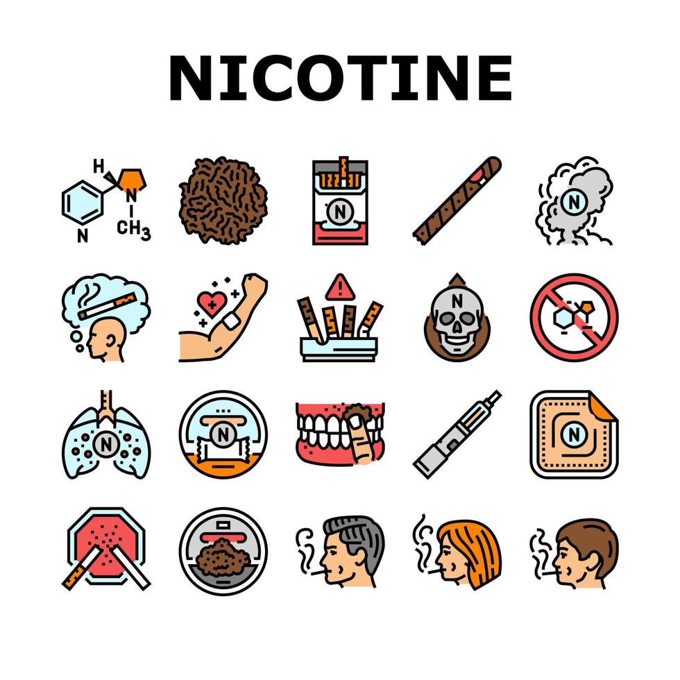 nikotin cigarett tobak rök ikoner uppsättning vektor