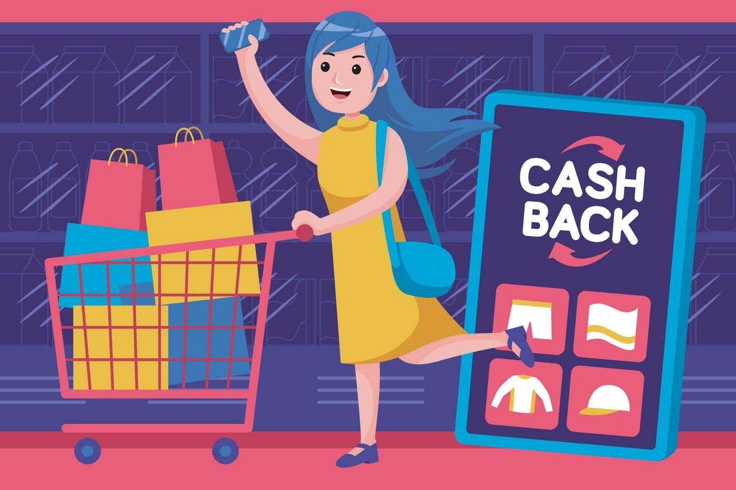 glückliche junge Frau bekommt Cashback-Promotion im Supermarkt vektor