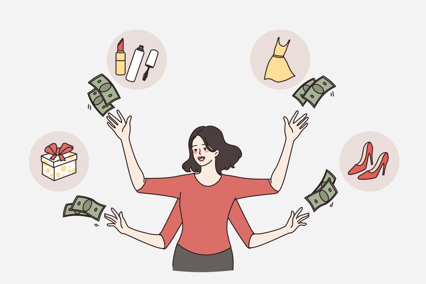 slöseri pengar och shopaholic begrepp. ung kvinna med många händer kasta pengar kontanter runt om henne till köpa annorlunda varor vektor illustration