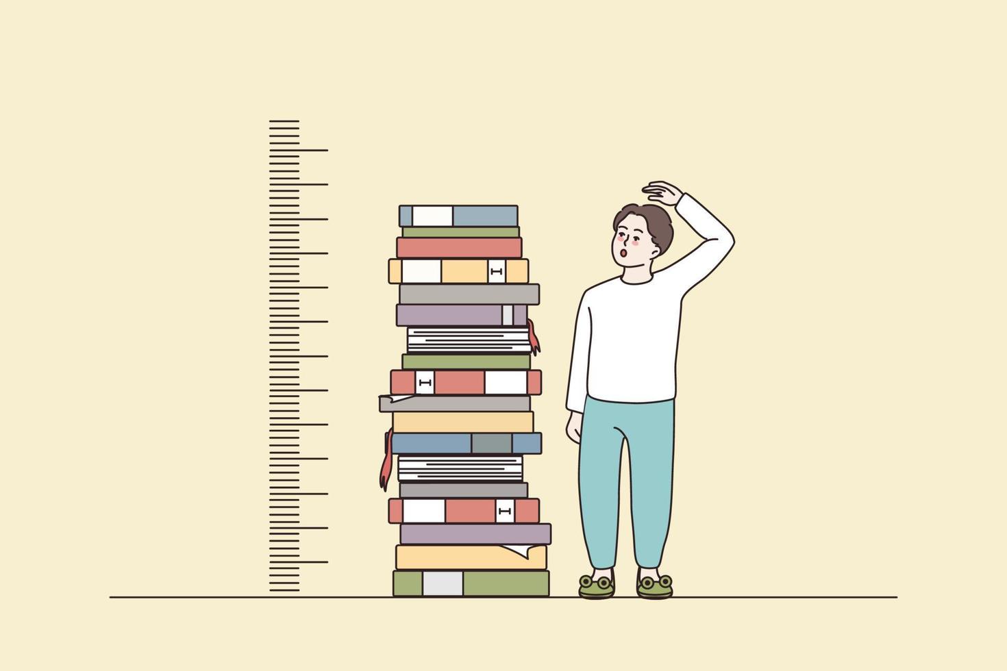 Junge Stand in der Nähe von Stapel von Bücher Messung Wachstum durch Hand. Kerl lesen studieren und Lernen mit Lehrbücher. gut Ausbildung, Wissen und Leistung Konzept. eben Vektor Illustration.