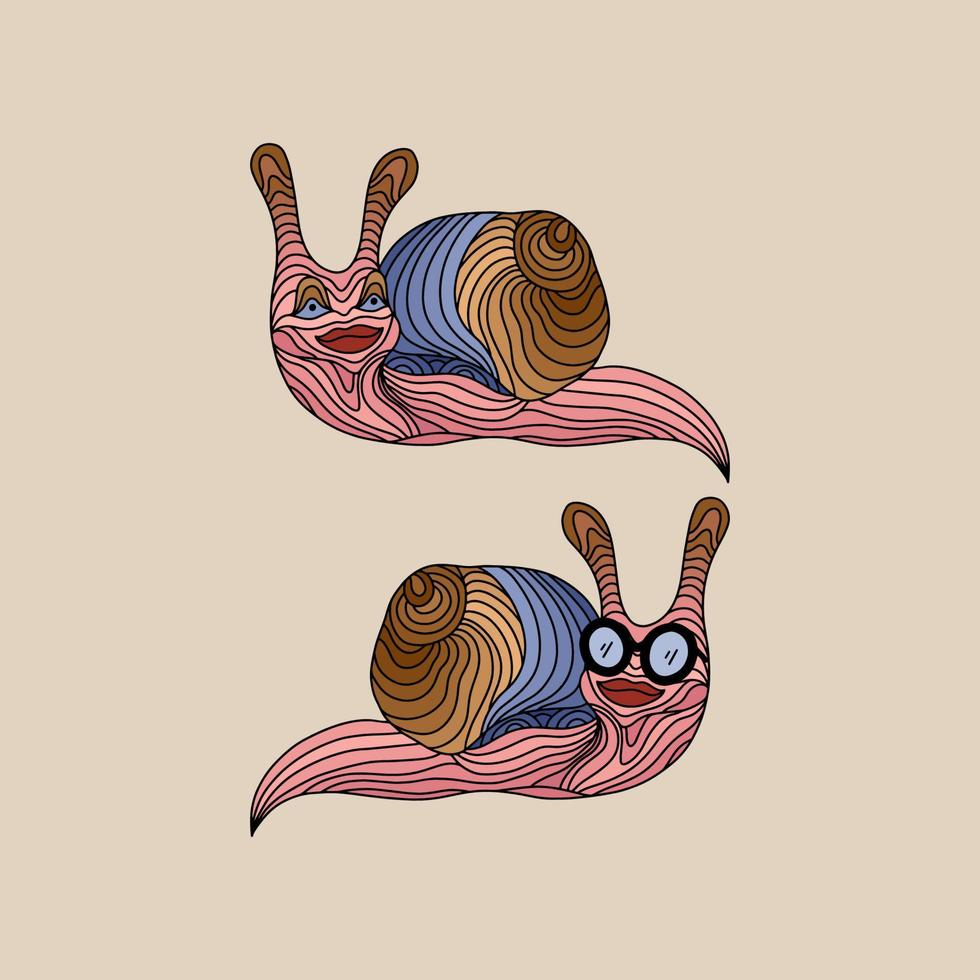 abstrakt Schnecke gemacht von Rosa, Blau und beige-braun Streifen im Sonnenbrille auf ein Beige Hintergrund. komisch Kinder- Vektor Illustration im das Karikatur Stil.