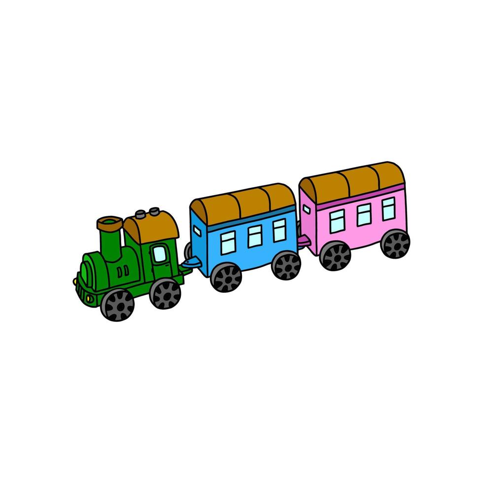 komisch Spielzeug Dampf Lokomotive und Wagen im Karikatur Stil auf ein Weiß Hintergrund. Kinder Spielzeug. hell Bild zum Kinder. Vektor Illustration.