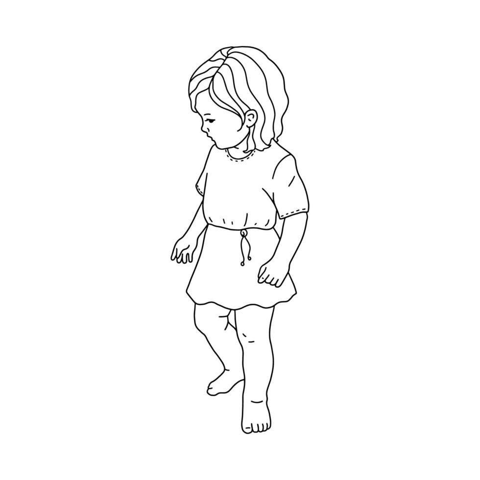 silhuett av en liten flicka på en vit bakgrund. färg av kontur bebis klistermärken. för förskola, dagis, barn och vuxna. svartvit vektor illustration.