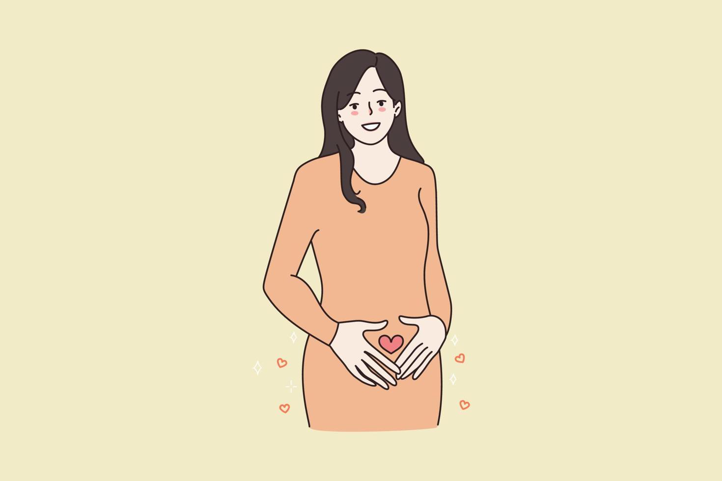 Porträt von glücklich schwanger Frau mit Herz gemalt auf Bauch aufgeregt zu Sein erwarten Baby. lächelnd weiblich nehmen Pflege von Frauen Gesundheit. Schwangerschaft, ivf Behandlung Konzept. eben Vektor Illustration.