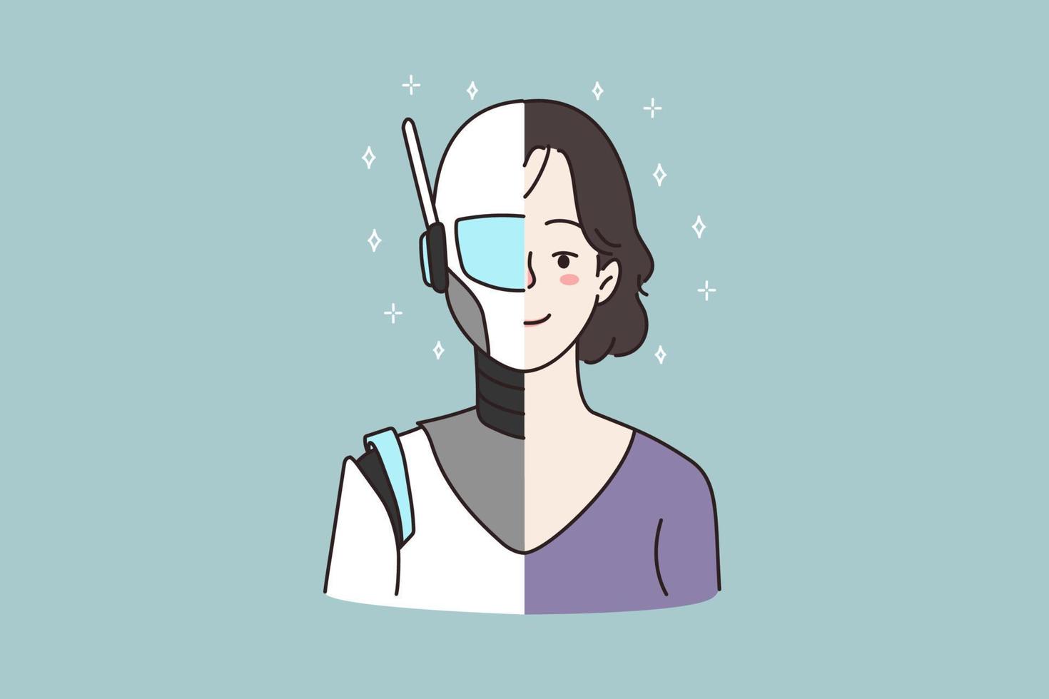 Profil Porträt Bild Gesicht von Hälfte Roboter Hälfte Mensch. Frau Cyborg und Person auf einer Foto. künstlich Intelligenz, futuristisch virtuell Digital weiblich Modell. Innovation. eben Vektor Illustration.