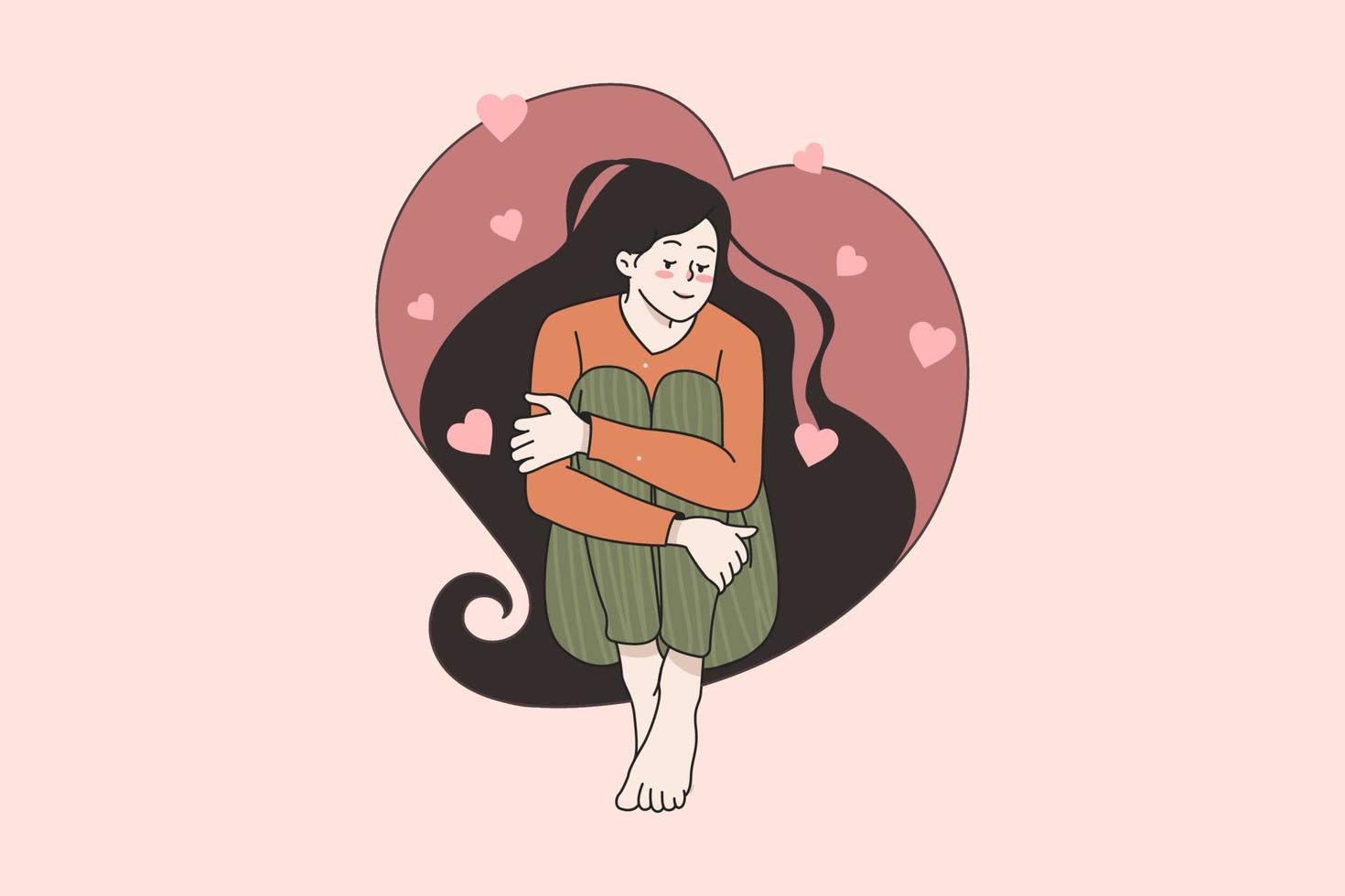 glücklich Mädchen sitzen im Herz geformt Haar Bild, eben Vektor Illustrationen. lächelnd Frau Gefühl Ruhe und ausgewogen. selbst Liebe und Pflege. mental Gesundheit, Heilung Konzept. Psychologie Therapie, positiv Denken.