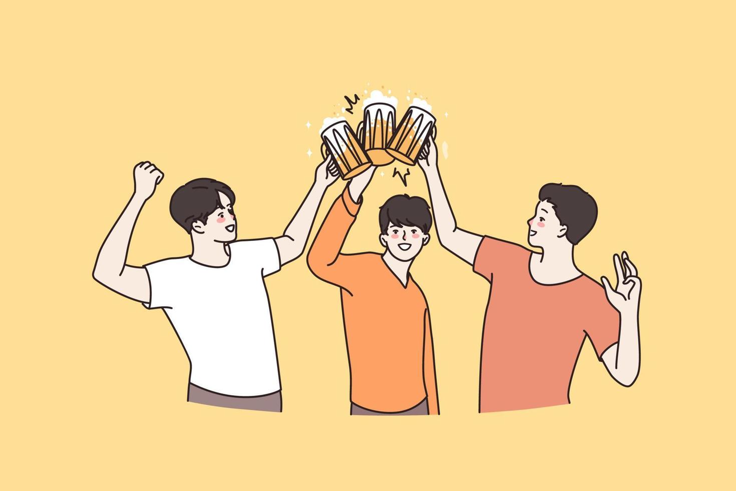 pub och fira öl fest begrepp. tre ung leende vänner innehav muggar av öl klirr fira Semester tillsammans vektor illustration