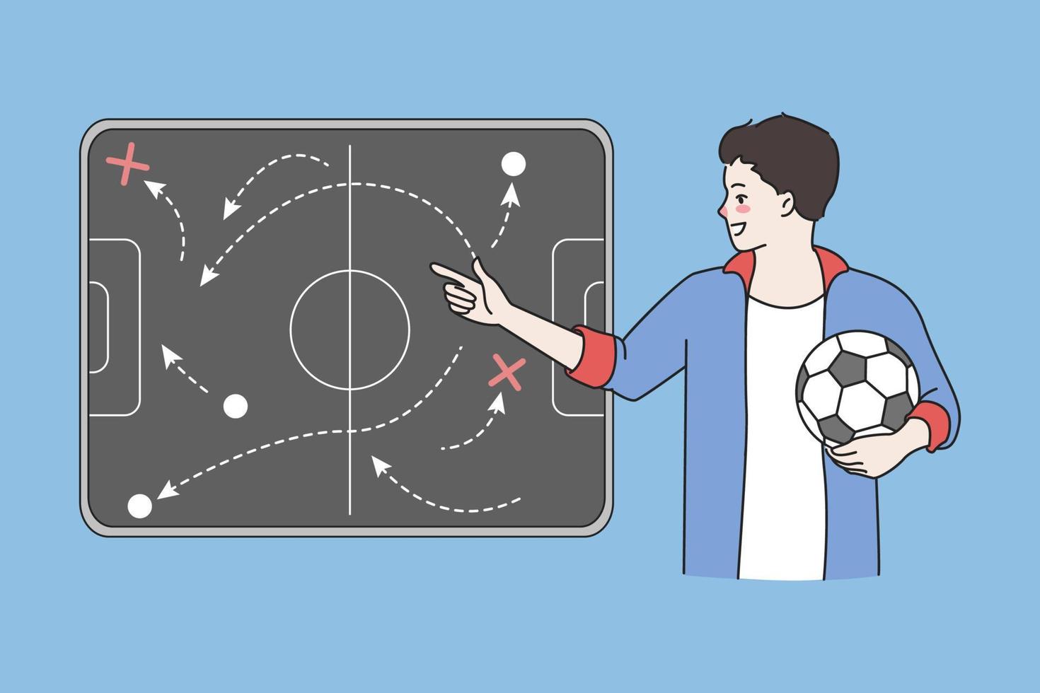 Fußball Trainer machen Anweisung Show Spiel planen auf Tafel zum Spieler. Mann Trainer oder Lehrer Zug Mannschaft Vor passen. Fußball spielen, Sport, Ausbildung Kurs. eben Vektor Illustration.