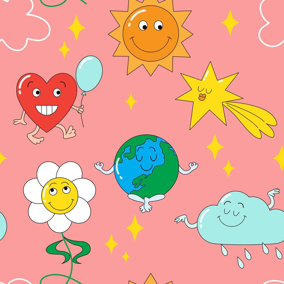 Hintergrund mit komisch Figuren. hell nahtlos Vektor Muster mit ein Herz, Planet Erde, Wolken, ein Stern, ein Gänseblümchen Blume im ein modisch retro Karikatur eben Stil.