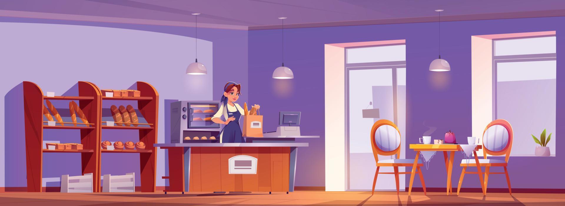 tecknad serie bageri interiör med kvinna säljare vektor