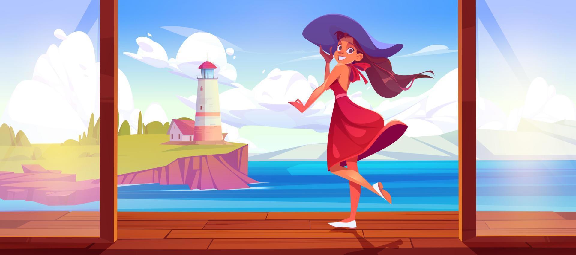 Mädchen auf Terrasse mit Meer Leuchtturm Aussicht Szene vektor